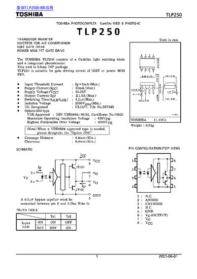 Toshiba TLP250 Optocoupler Datasheet