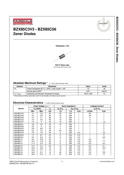Fairchild BZX85C3V3‑BZX85C56 Zener Diodes Datasheet - cover page
