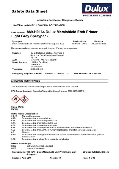 Dulux 889-H0164 Metalshield Etch Primer Safety Data Sheet - cover page