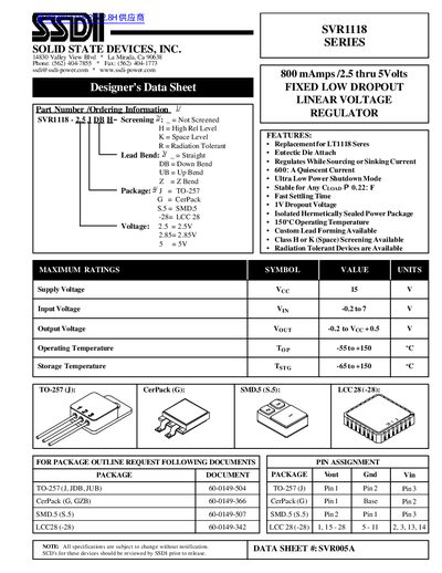 SSDI SVR1118 Series Fixed Low Dropout Linear Voltage Regulator Datasheet - cover page