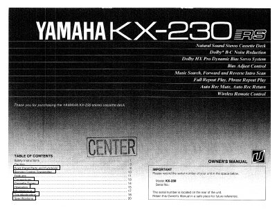 Yamaha KX-230 Stereo Cassette Deck Owner's Manual - cover page