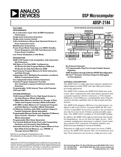 Analog Devices ADSP-2184 DSP Microcomputer Datasheet