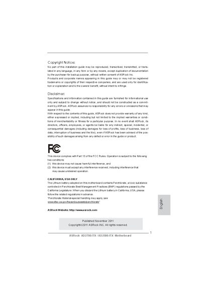ASRock AD2700-ITX / AD2500-ITX Motherboard Quick Installation Guide - cover page