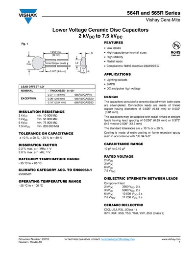 Vishay 564R/565R Series Cera-Mite Lower Voltage Ceramic Disc Capacitors Handbook