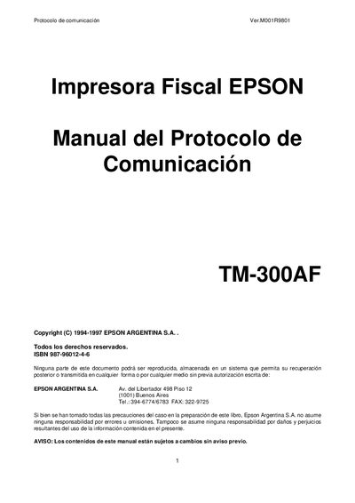 Epson TM-300AF Fiscal Printer Communication Protocol Manual - cover page