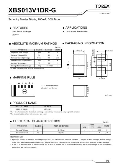 Torex XBS013V1DR-G Schottky Barrier Diode Datasheet - cover page