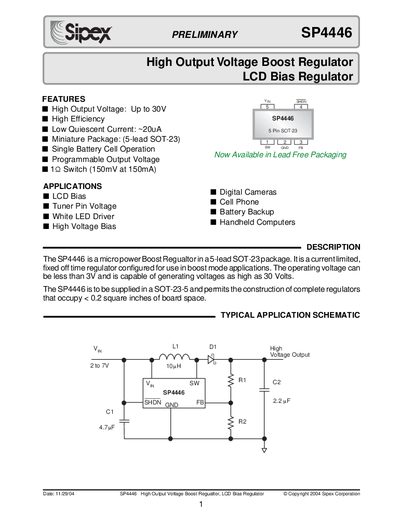 Sipex SP4446 High Output Voltage Boost Regulator LCD Bias Regulator Datasheet - cover page