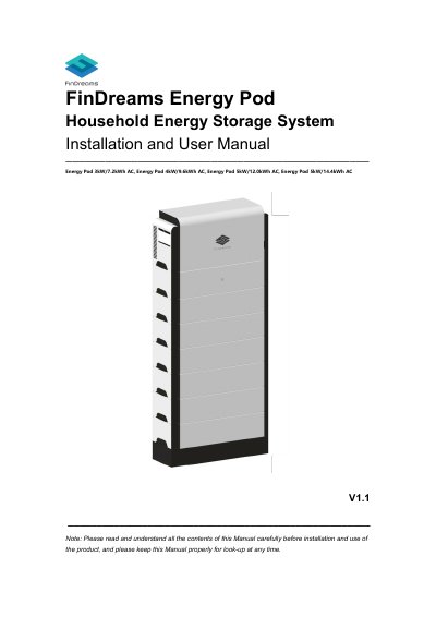 FinDreams Energy Pod Household Energy Storage System Installation and Use Manual - cover page