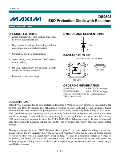 Maxim DS9503 ESD Protection Diode with Resistors Datasheet - cover page