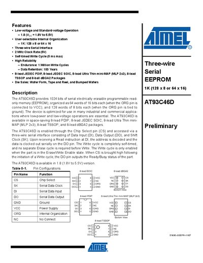 ATMEL Three-wire Serial EEPROM 1K (128 x 8 or 64 x 16) AT93C46D Preliminary - cover page