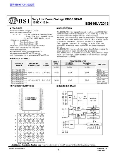 BSI BS616LV2013 SRAM Datasheet - cover page