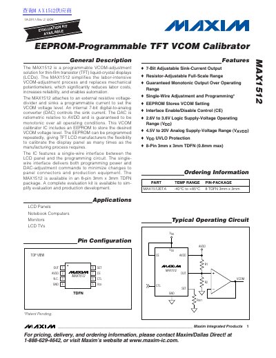MAXIM MAX1512 TFT VCOM Calibrator Datasheet - cover page