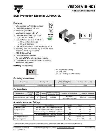 Vishay VESD05A1B-HD1 ESD-Protection Diode Datasheet - cover page