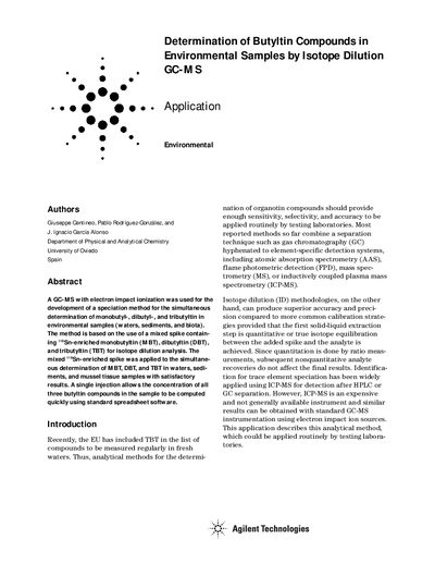 Determination of Butyltin Compounds in Environmental Samples by Isotope Dilution GC-MS Application Note - cover page