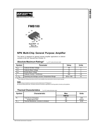 Fairchild Semiconductor FMB100 NPN Multi-Chip General Purpose Amplifier Datasheet - cover page