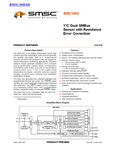 SMSC EMC1002 SMBus Temperature Sensor Datasheet - cover page