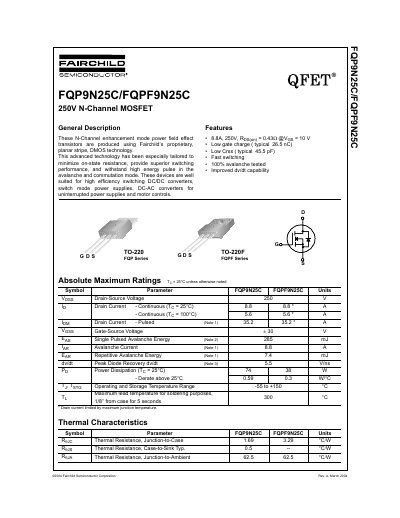 Fairchild Semiconductor FQP9N25C/FQPF9N25C 250V N-Channel MOSFET Datasheet - cover page