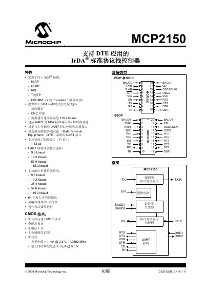 Microchip MCP2150 IrDA Controller Datasheet - cover page