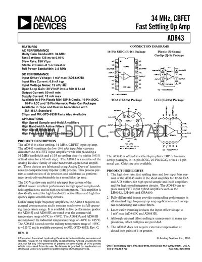 Analog Devices AD843 Datasheet - cover page