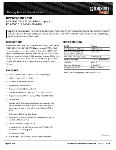 ValueRAM KVR1066D3N7K2/8G DDR3-1066 8GB Kit Datasheet - cover page
