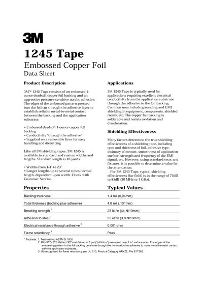 3M 1245 Tape Embossed Copper Foil Data Sheet - cover page