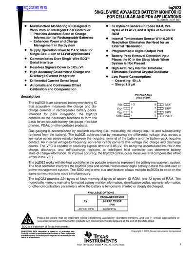 Texas Instruments bq2023 Single-Wire Advanced Battery Monitor IC Datasheet - cover page