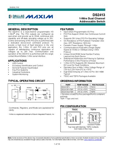 Maxim DS2413 1-Wire Dual Channel Addressable Switch Datasheet - cover page