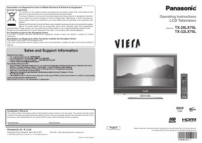Panasonic TX-26LX70L/TX-32LX70L LCD Television Operating Instructions - cover page