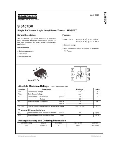 Fairchild Si3457DV Single P-Channel Logic Level PowerTrench MOSFET Datasheet - cover page