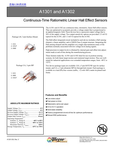 Allegro MicroSystems A1301/A1302 Datasheet - cover page