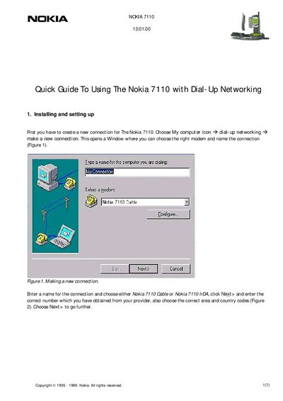 Nokia 7110 Quick Guide to Dial-Up Networking - cover page