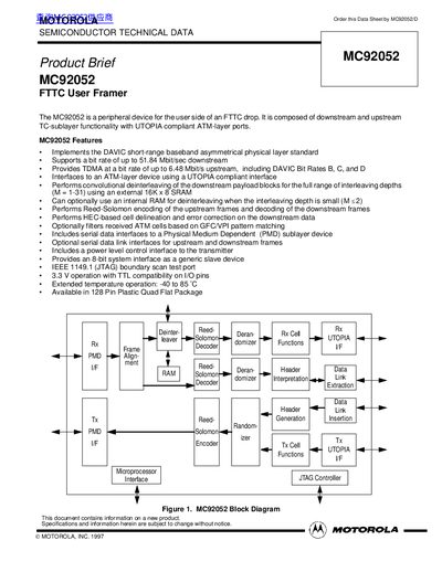 Motorola MC92052 FTTC User Framer Datasheet - cover page