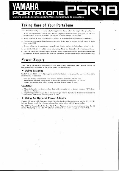 Yamaha PSR-18 PortaTone Owner's Guide - cover page