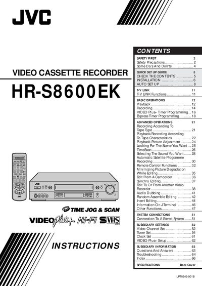JVC HR-S8600EK Video Cassette Recorder User Manual - cover page