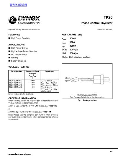 Dynex TK26 Phase Control Thyristor Datasheet - cover page