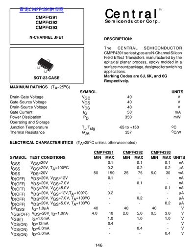 Central Semiconductor Corp. CMPF4391/CMPF4392/CMPF4393 N-Channel JFET Datasheet - cover page