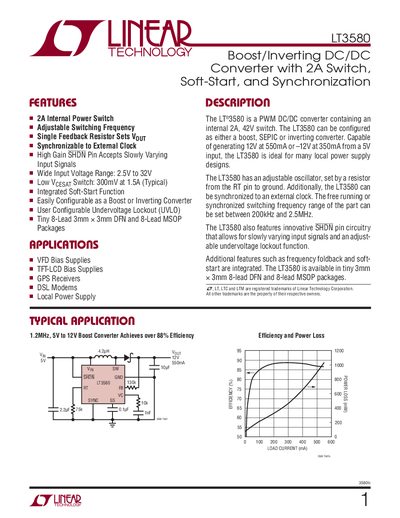LINEAR TECHNOLOGY LT3580 1 3580fc TYPICAL APPLICATION FEATURES APPLICATIONS DESCRIPTION Boost/Inverting DC/DC Convert Manual - cover page