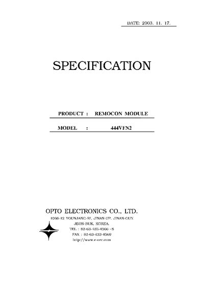 OPTO Electronics 444VFN2 Remocon Module Datasheet - cover page