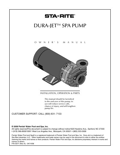 Sta-Rite Dura-Jet S377 Spa Pump Installation Operation and Parts Manual - cover page