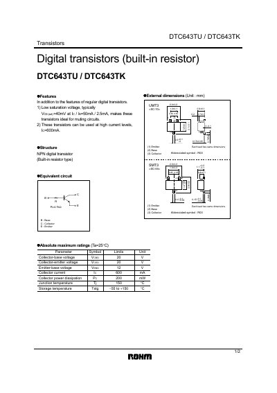 ROHM DTC643TU/DTC643TK Digital Transistor Datasheet - cover page
