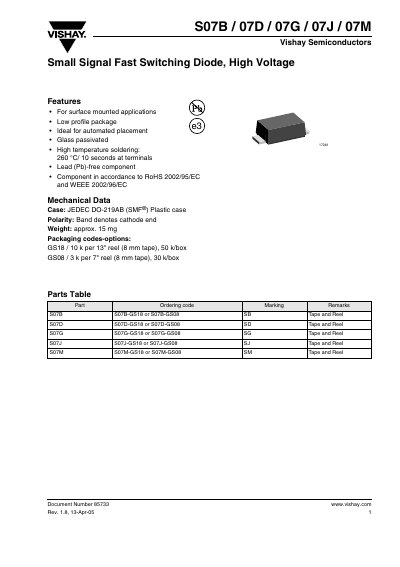 Vishay S07B / 07D / 07G / 07J / 07M Small Signal Fast Switching Diode Datasheet - cover page