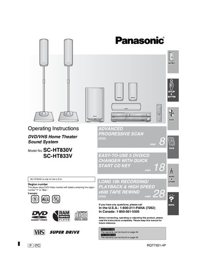 Panasonic SC-HT830V/SC-HT833V DVD/VHS Home Theater Operating Instructions