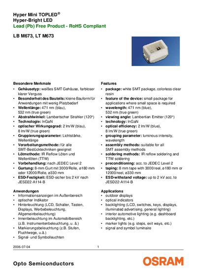 OSRAM LB M673 / LT M673 Hyper Mini TOPLED Hyper-Bright LED Datasheet - cover page
