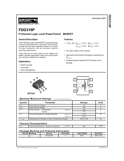 Fairchild FDG316P P-Channel Logic Level MOSFET Datasheet - cover page