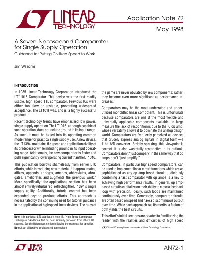 Linear Technology AN72-1 Application Note for LT1394 Comparator - cover page