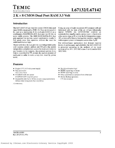 TEMIC L67132/L67142 Dual Port RAM Datasheet - cover page
