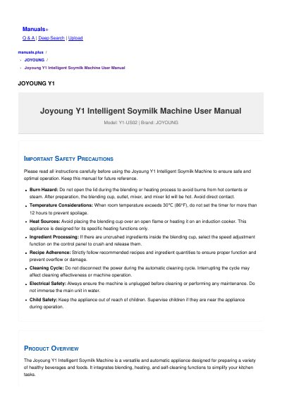 JOYOUNG Y1 Intelligent Soymilk Machine User Manual