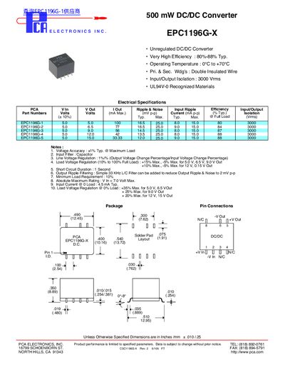 PCA Electronics EPC1196G-X 500 mW Unregulated DC/DC Converter Datasheet - cover page