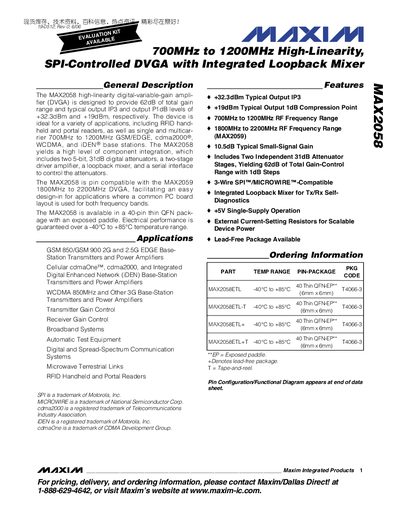 Maxim MAX2058 High-Linearity SPI-Controlled DVGA with Integrated Loopback Mixer Datasheet - cover page