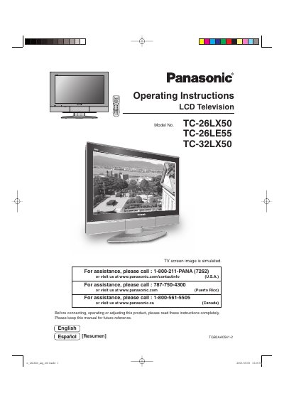 Panasonic TC-26LX50/TC-26LE55/TC-32LX50 LCD Television Operating Instructions - cover page